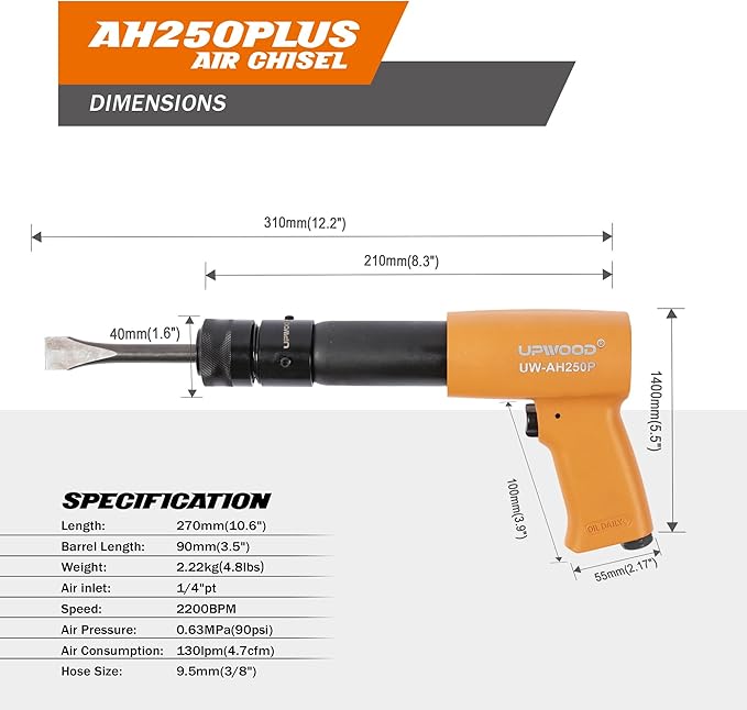 UW-AH250P Long Barrel Air Hammer Kit with Quick Change Retainer and 4 Chisels, 3-5/8 Inch Stroke, 2200 BPM, Light weight (AH250P - Long Barrel)