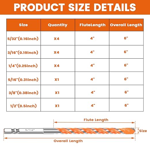 15PCS Concrete Carbide Drill Bits Set 5/32"-1/2" Masonry Drill Bits Set,Tile Drill Bit Set 6 Sizes Shockproof Tungsten Steel with 1/4" Hex Shank for Class/Brick/Plastic/Cement/Tile (1 Set)