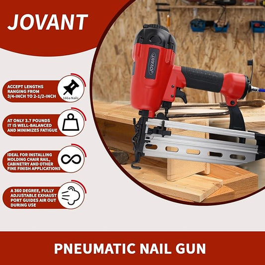 Pnumatic Finish Nailer,16Gauge Nail Gun Acepts 3/4 Inch up to 2-1/2 Inch Finish Nails.Brad Nailer Gun Can Hit Hardwood Ideal for Upholstery (Include 6m Air Tube & Portable Bag)