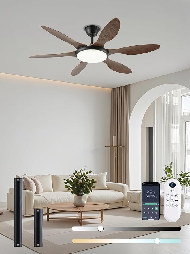 51 Inch Ceiling Fans with Lights, Downrod Ceiling Fan with Light and Remote, 3CCT, LED Dimmable, Reversible DC Motor, Quiet Brown Ceiling Fans for Bedroom, Living Room, Kitchen, Outdoor Patios