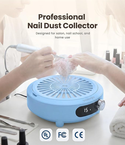 Nail Dust Collector, Rechargeable & Cordless 3800 RPM Low Noise Nail Vacuum Fan with LED Display, Adjustable Speed, Reusable Filter, 30 Pcs Paper, for Acrylic Nails, Salon & Home Use, Blue