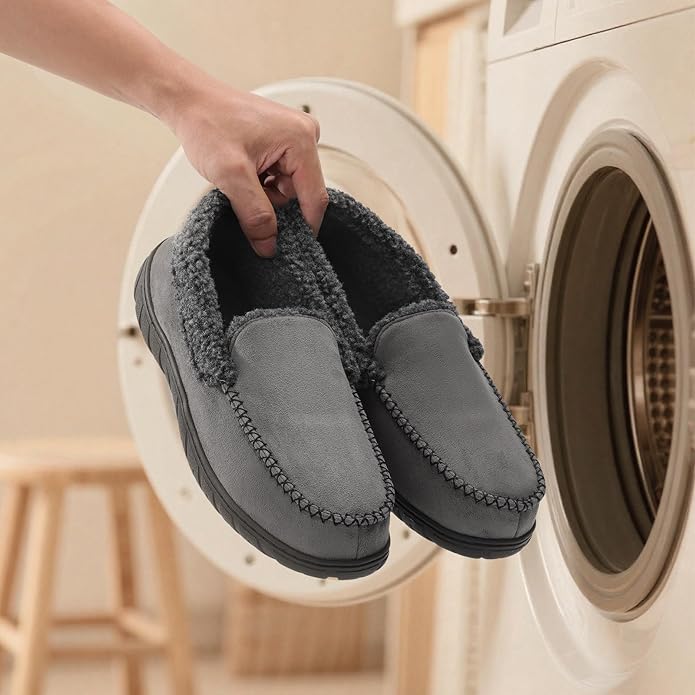 ATHMILE Men's Moccasin House Slippers, Memory Foam Arch Support, Plush Fuzzy Lining, Non-Slip Rubber Sole for Indoor/Outdoor Winter Comfort