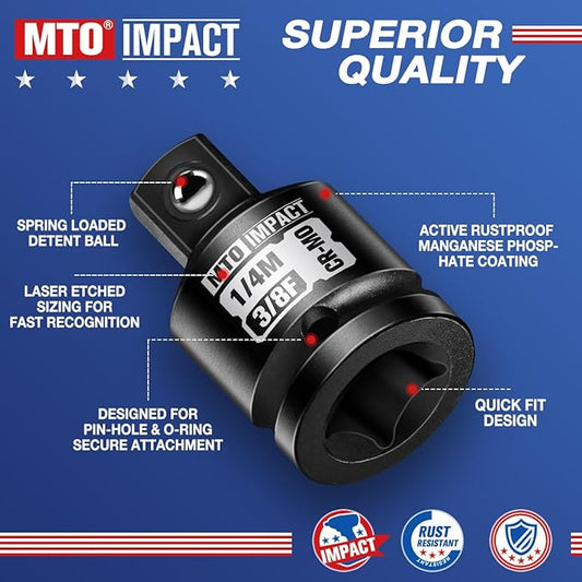 MTO 2-Piece 3/8" Female to 1/4" Male Impact Socket Adapter, 3/8-Inch Impact Socket Reducer, Chrome Molybdenum Alloy Steel, for Impact Wrench & Ratchet Use