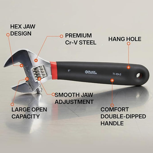 BLACK CANYON 6" Adjustable Wrench, 15/16" Jaw Capacity, Superior Cr-V Steel, Hex Jaw design, Smooth Jaw Adjustment, w/Comfort Grip, Fits home fixes, pipe installation, garage tasks