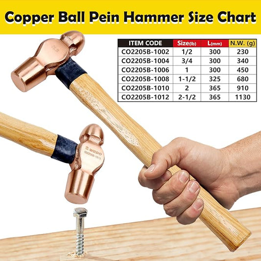 WEDO Copper Ball Peen Hammer 40 oz(2-1/2lb), Ball Pein Hammer with Wooden Handle, Length 365mm(14"), Die-Forged, Corrosion Resistant, DIN Standard