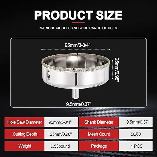 PATIKIL 3-3/4" (95mm) Diamond Hole Saw, Glass Diamond Hole Cutters Hollow Core Drill Bits for Fiberglass, Tile, Porcelain, Ceramic