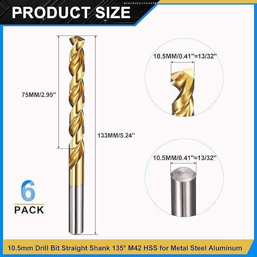 PATIKIL 10.5mm Drill Bit, M42 8% Cobalt High-Speed Steel Jobber Straight Shank 135° Titanium Nitride (TiN) Coated for Hard Metal Stainless Steel - 6 Pack