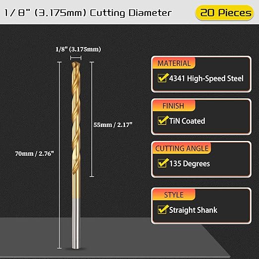 Drill Bit, 1/8" Cutting Diameter, 4341 HSS Jobber Bits TiN Coated 135° Cutting Angle - (Applications: for Drilling Soft Metal Plastic Wood), 20-Pieces