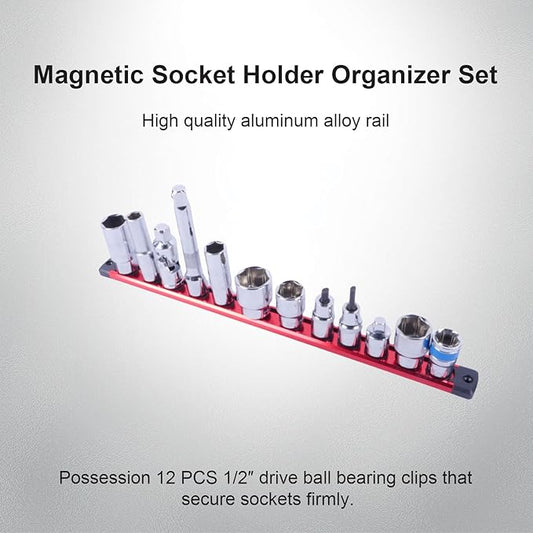 Magnetic Socket Holder Organizer Set:1/2-Inch Drive Socket Trays Socket, 360째 Swivel 12 Clips Socket Holder Kit, For Automotive Mechanic Garage (Red)
