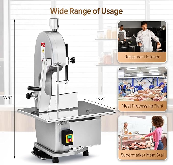 ROVSUN 1500W Electric Bone Saw Machine, 0.16-7.9Inch Cutting Thickness Frozen Meat Cutter with 6 Saw Blades, Commercial Bandsaw Machine Stainless Steel 19.4 x 15.2 In Table for Chicken Fish Beef