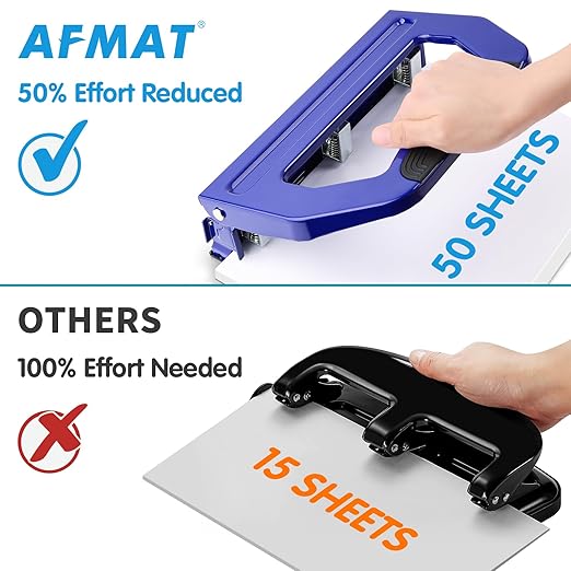 AFMAT 3 Hole Punch Heavy Duty, 9/32" Holes, 50-Sheet Hole Puncher 3 Ring, 50% Reduced Effort, Adjustable Two & Three Hole Punch, Metal Paper Puncher w/Large Chip Tray, Metal Paper Guide, Blue, HP18