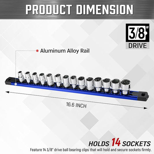 ALOANES 3/8-Inch Drive Magnetic Socket Organizer, Heavy Duty Aluminum Socket Rail Organizer, 360째 Swivel Clips Socket Rail Set For Sockets Storage, 3/8-Inch Socket Holder x 14 Clips (Blue)