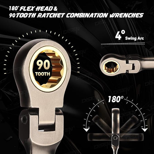 DISEN 24pcs 90-Teeth Ratchet Wrenches Set, Flex Head Ratcheting Wrench Set Metric 8MM-19MM and SAE Wrenches 1/4 Inch-3/4 Inch, Nickel Plating Cr-V Constructed with Organizer Rack