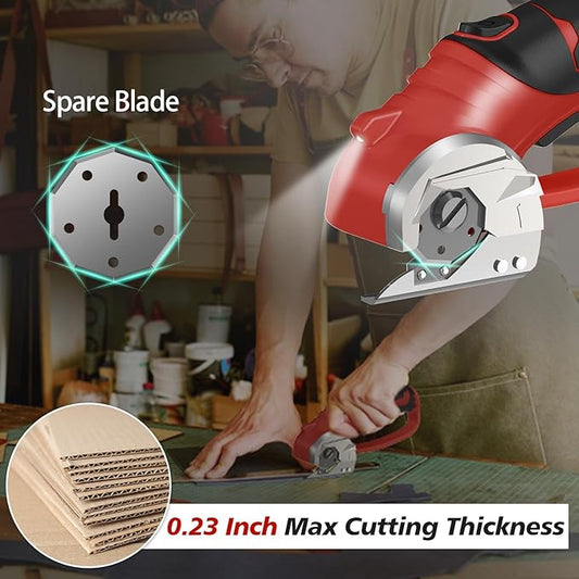 Cordless Electric Scissors, 4V Rechargeable Box Cutter & Cardboard Cutter with LED Light, Safety Lock - Rotary Cutter for Fabric, Leather, Carpet, Plastic, Crafting, Sewing with Storage Box (Red)
