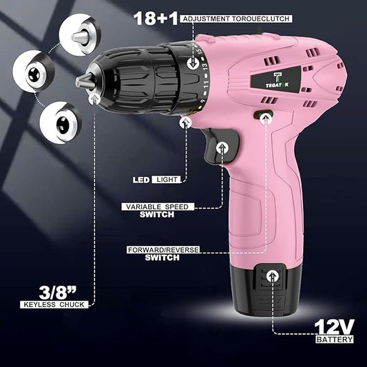 Tegatok Cordless Drill Set,12V Power Drill Set with Battery and Charger, Electric Driver Drills Bits, 3/8'' Keyless Chuck,18+1 Torque Setting with LED Electric Drills Set, Pink