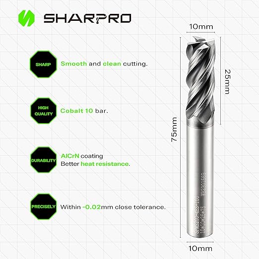 10mm Shank End Mill 10mm Cutting Dia. 4 Flutes AlCrN Coated Carbide Square CNC End Mills, Apply for Alloy Steel, Stainless Steel, and Various Cast Iron