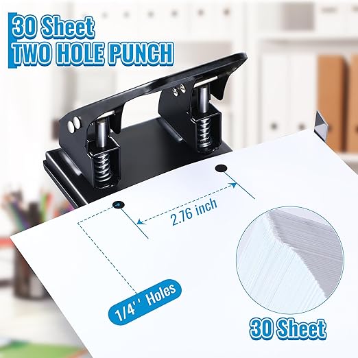 Dreyoo 2 Hole Punch with 100 Prong Paper Fasteners, Heavy Duty Two Hole Paper Puncher for File Folder and Metal File Fasteners Combo Set, 30 Sheet Capacity, Padded Handle(Compressor)