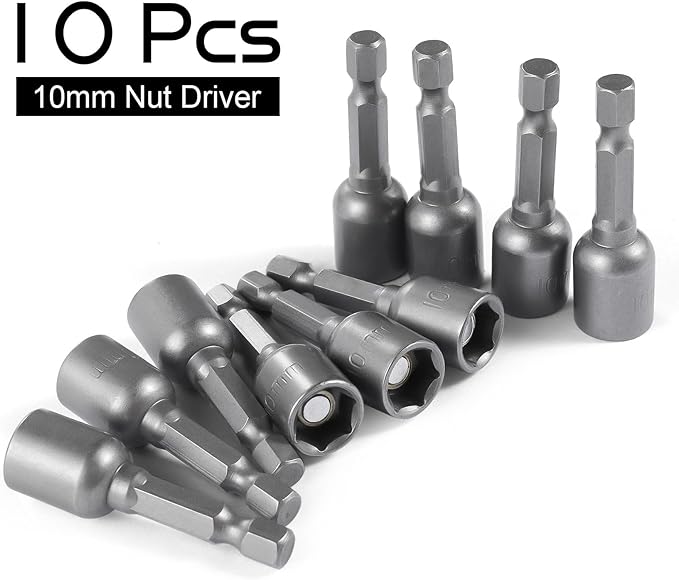10-Piece Nut Driver Bit Set, 10mm 6-Point Socket 1/4" Hex Shank Nut Setter Drill Bits, Quick-Change Magnetic Extension Socket Drill Bit Holder, 1.89" Length, Metric
