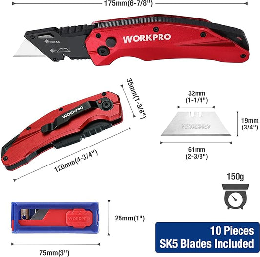 WORKPRO Folding Utility Knife, Heavy Duty Metal, Quick Open Axis Lock Box Cutter, Quick Change Blade Razor Knife, 1PC with 10 Extra SK5 Blades