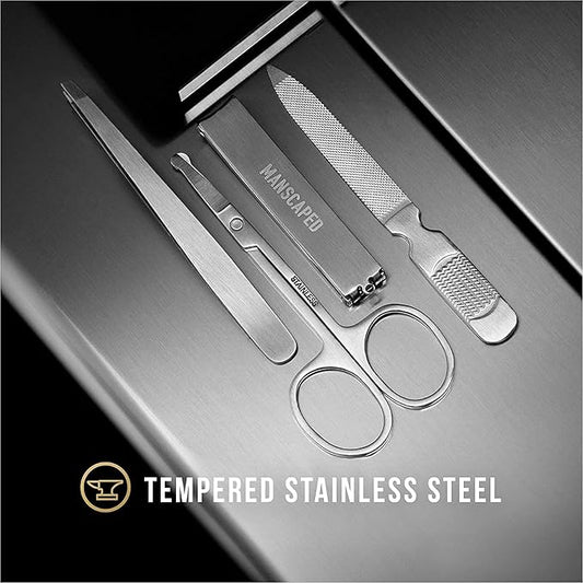 MANSCAPED짰 Shears 2.0 Tempered Stainless Steel Men's Nail Kit, Fingernail Clippers, Safety Scissors, Tweezers and Nail File, Travel Manicure Pedicure Set, 4-Piece Luxury Grooming Kit with Compact Case