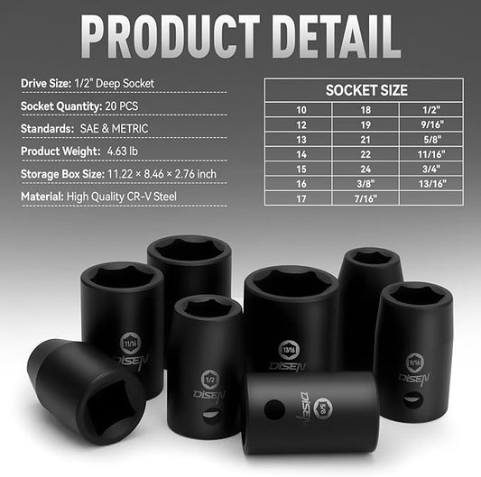 DISEN 20PCS 1/2" Impact Socket Set, Shallow Sockets SAE 13/16"-3/8" & Metric 10-24mm, 6-Point Cr-V & Alloy Steel, 1/2 Inches Drive Impact Socket Set,Rugged Construction, Enhanced Storage Case