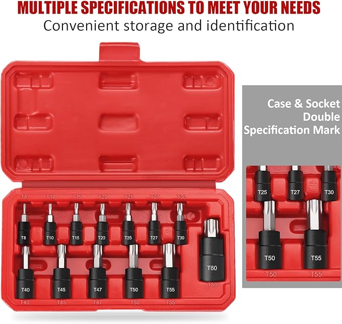 13-Piece Torx Bit Socket Set, 1/4?? 3/8??and 1/2??Drive T8-T60 Star Socket Set, S2 Steel Bits and CR-V Sockets with Storage Case