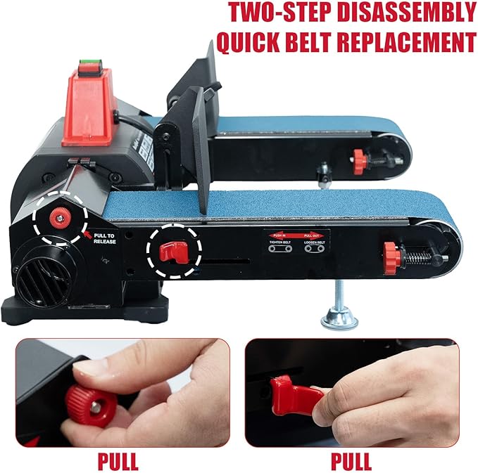 BUCKTOOL 1HP Benchtop Dual-Belt Sander, 4 x 36 in Sanding Belts with 80 & 120 Grits, 2160 FPM, 2-in-1 Worktables, Cast Aluminum Base, Knife Sharpening, Woodworking Bench Tool