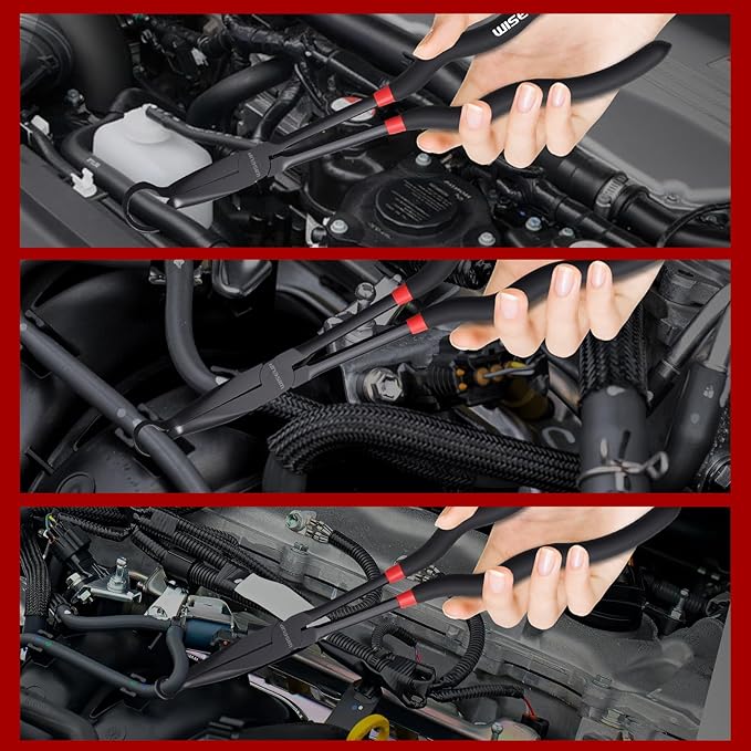 WISEUP 3-Piece 11" Long Reach Hose Grip Pliers Set, 5/16-Inch, 1/2-Inch, 3/4-Inch Dia O-shape nose plier for Easy Removal and Installation of Automotive Hoses and Fitting