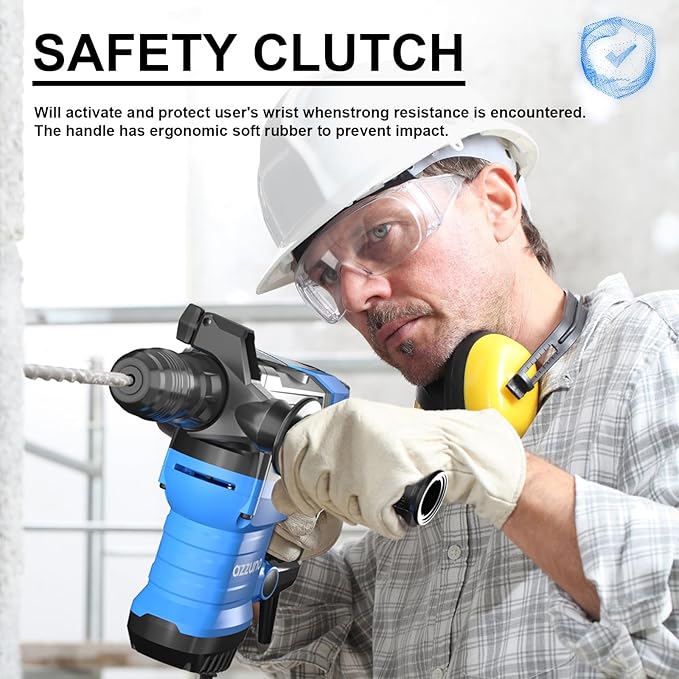 AZZUNO 1-1/4" SDS-Plus 15Amp Heavy Duty Rotary Hammer Drill, 4 Functions, for Drilling in Concrete, Brick and Stone, Includes Chisel and Drill Bits
