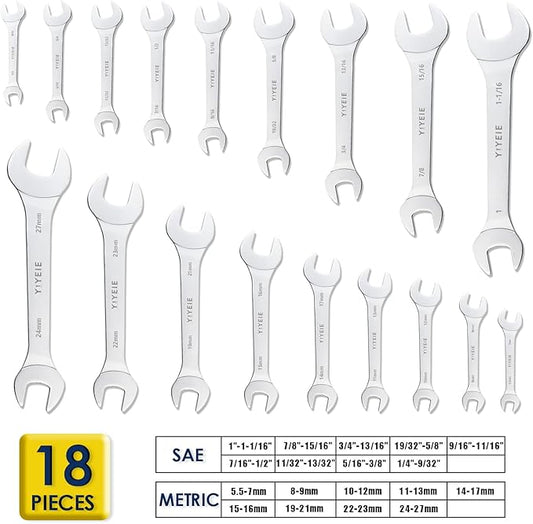 YIYEIE 18pcs Super-Thin Open End Wrench Set, Metric & SAE, 5.5mm to 27mm, 1/4" to 1-1/16", CR-V Steel with Mirror Finish, Ultra-Slim Wrench Set with Rolling Pouch