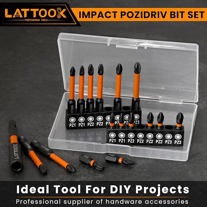 Impact Pozidriv Bit Set, LATTOOK 17PCS Anti Slip PZ2 Pozi Bit Set, Magnetic S2 Steel Pozidriv Screwdriver, PZ1, PZ2, PZ3