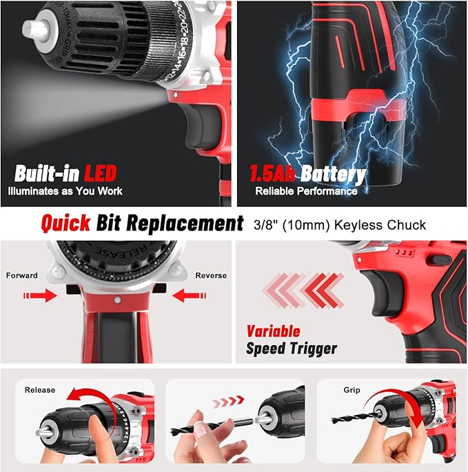 Drill Set 12V Cordless Electric Drill Driver Set,Powerful Lightweight Portable Rechargeable Screwdriver Accessories,2 Batteries 2-Speed 24+1 Position Wood/Wall Drilling Screw Driving women DIY Tool