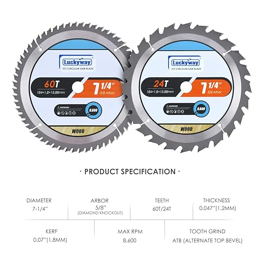Luckyway 7-1/4 Inch Circular Saw Blade 24T Framing & 60T Fine Finish with 5/8 Inch Arbor, TCT (Tungsten Carbide Tipped) Saw Blade for Wood Cutting 2-Pack