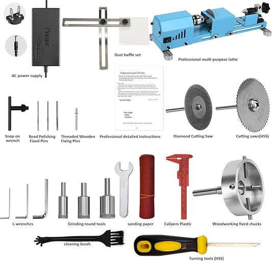 Mini Lathe Wood Lathe Machine Multi-Purpose Type Lathe Milling Cutting Grinding Polishing Professional Table Top Lathe Tool Kit Adding shields