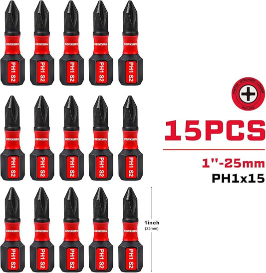 Impact Tough #1 Phillips 1 in. Insert Driver Bits,15Pack Bulk PH1 Screwdriver Bits Set