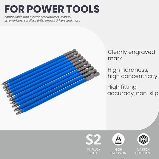 Anti Slip Phillips PH2#2 Screwdriver Bit Set 10PCS 1/4 Inch Hex Shank 6 Inch/150 mm Length S2 Steel with Magnetic for Power Screwdriver Impact Drill Toolkit