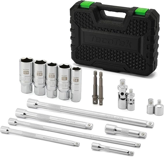 17-Pieces Drive Tool Accessory Set, Spark Plug Socket Set, Includes 1/4" & 3/8??Drive Extension Bar, Socket Adapter, Universal Joints, Spark Plug Sockets, Professional Socket Accessories, Cr-V