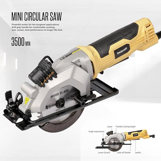 4Amp Mini Circular Saw, 3500RPM Corded Compact Saw with 4-1/2" 24T TCT Blades, Laser Guide, Rip Guide, Vacuum Adapter and Blade Wrench, Max Cutting Depth 1-11/16"(90°), 1-1/8"(45°)