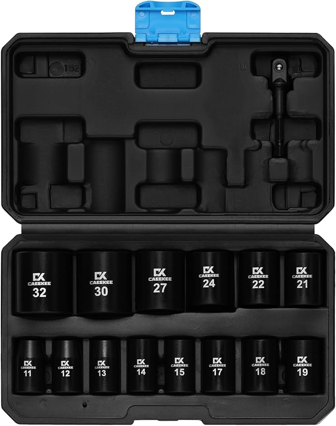 15PCS 1/2" Drive Shallow 12-Point Impact Socket Set, Metric(11mm - 32mm), Cr-V Steel, Includes Drill Socket Adapter