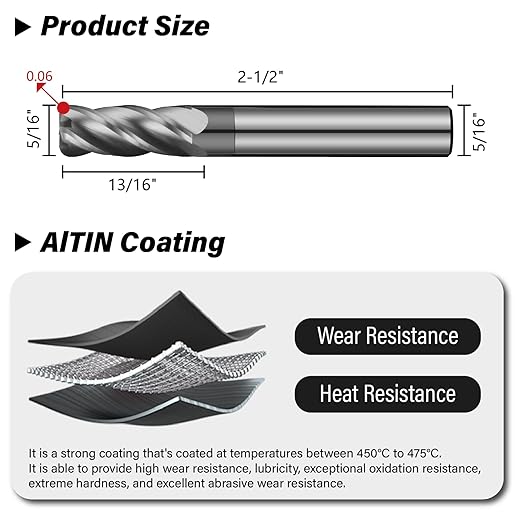 5/16" Carbide Corner Radius End Mills - 0.06" Corner Radius, AlTiN Coated, 4 Flute Endmill for Milling Alloy Steel, Cast Iron, Copper