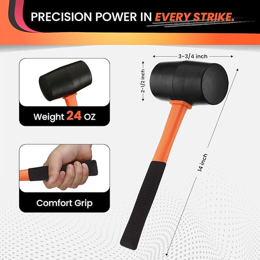24oz Rubber Mallet Hammer | Non-Marring Soft Blow Mallet with Fiberglass Shock-Absorbing Handle for Woodworking, Flooring, Camping, and Assembly