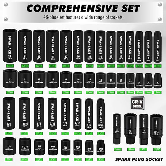105-Piece 3/8" Drive Impact Socket Set, SAE (5/16 to 3/4 inch) and Metric (8-22mm) 6 Point CR-V Steel Socket Wrench Set, Extension Bars, Universal Joint, Ratchet Handle, Screwdriver Bit Mechanic Tool
