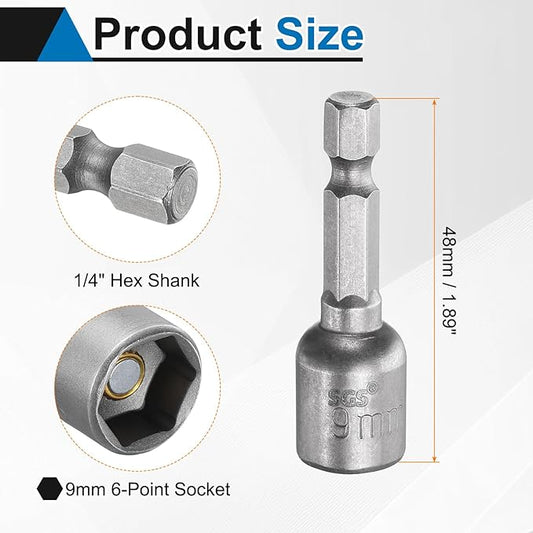 HARFINGTON Nut Driver Drill Bit 9mm Metric Socket 1/4" Hex Shank 1.89" (48mm) Long Magnetic 6-Point Sockets Quick Change CR-V Steel Bolt Setters for Power Drill Drivers