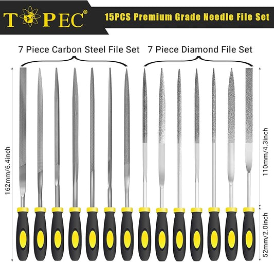 Topec Small File Set, Needle Diamond Files 15PCS, 7pcs Jewlers Files & 7pcs Steel Files with Metal Brush and Storage Bag,for Precision Metal File Work, Wood, Jewelry, Plastic, DIY Carving Tool Kit