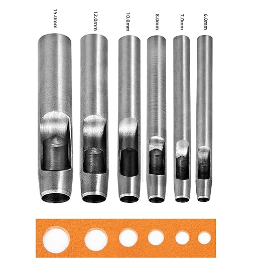 WUTA 5Pcs Hollow Punch Leather Hole Cutter 6mm-15mm Round Punch Tool Set, Leathercraft Working Kit for Watch Band, Fabric, Plastics, Gasket Belt (6+8+10+12mm+15mm)