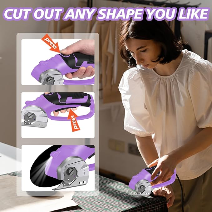 Cordless Electric Scissors, 4V Rechargeable Box Cutter & Cardboard Cutter with Titanium Blade, LED Light, Safety Lock - Rotary Cutter for Fabric, Leather, Carpet, Plastic, Crafting, Sewing(Purple)