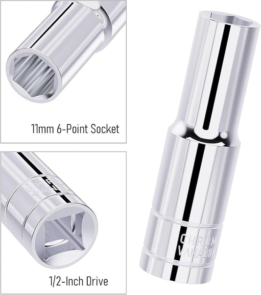 11mm Deep Socket, 1/2 Inch Drive, 6-Point, Metric, Heat Treated CR-V Steel Sockets, Full Polishing, 3.1 Inch Length