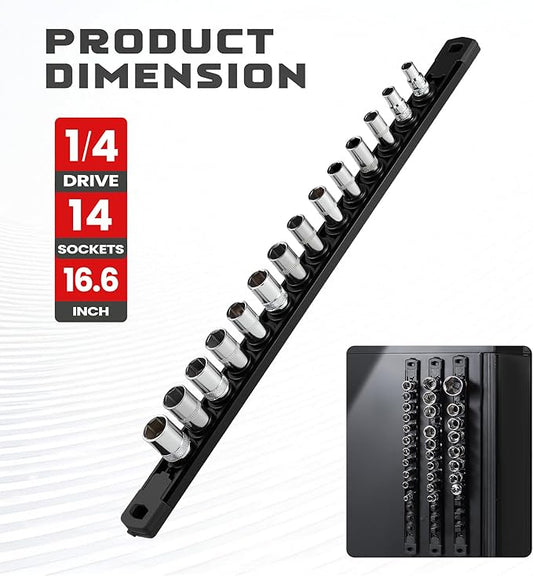 ALOANES 3/8-Inch Drive Magnetic Socket Organizer, Heavy Duty Aluminum Socket Rail Organizer, 360째 Swivel Clips Socket Rail Set For Sockets Storage, 3/8-Inch Socket Holder x 14 Clips (Black)