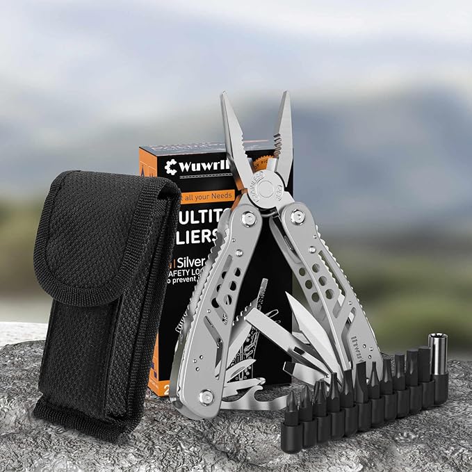 26-in-1 Multitool竊똏rofessional Stainless Steel Multi Tools 竊똌ultitool Pliers Pliers Pocket Knife with Heavy Duty Screwdriver Sleeve, Replaceable Bits Multitools for Outdoor, (silvery)