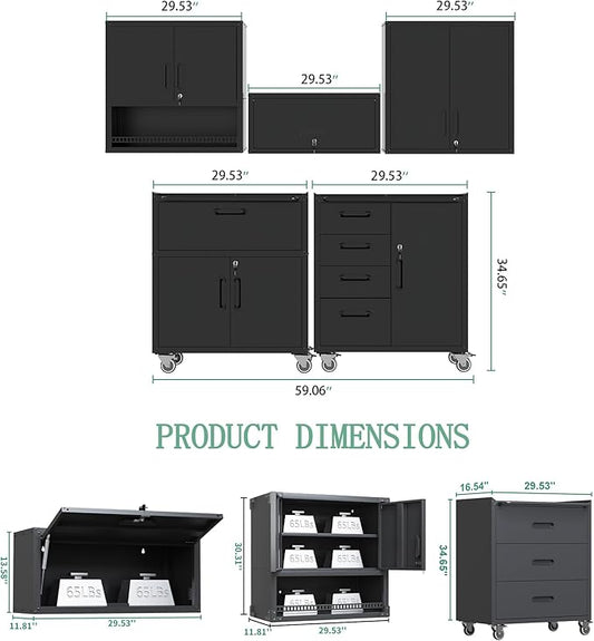 Metal Tool Cabinet,Garage Storage Cabinet System,Wall Cabinet & Locking Rolling Tool Cabinet with Doors and Adjustable Shelves,Steel Tool Cabinets for Home (5 Pcs-StyleC, Black)